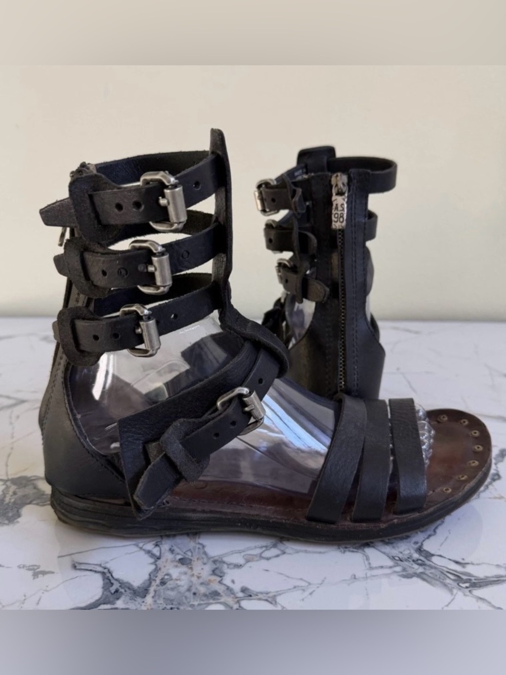 A.S.98 Black Leather Gladiator Sandals EU 38